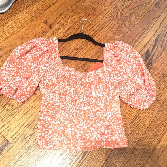 Abercrombie Fitch Blouse Women XS Orange Sweetheart Puff Sleeves Floral Coquette - Picture 1 of 2